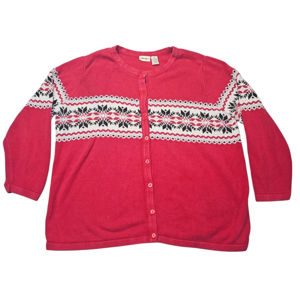 Cherokee VTG Fair Isle Button Front Cardigan Sweater Red Snowflake Sz 1X 18W/20W